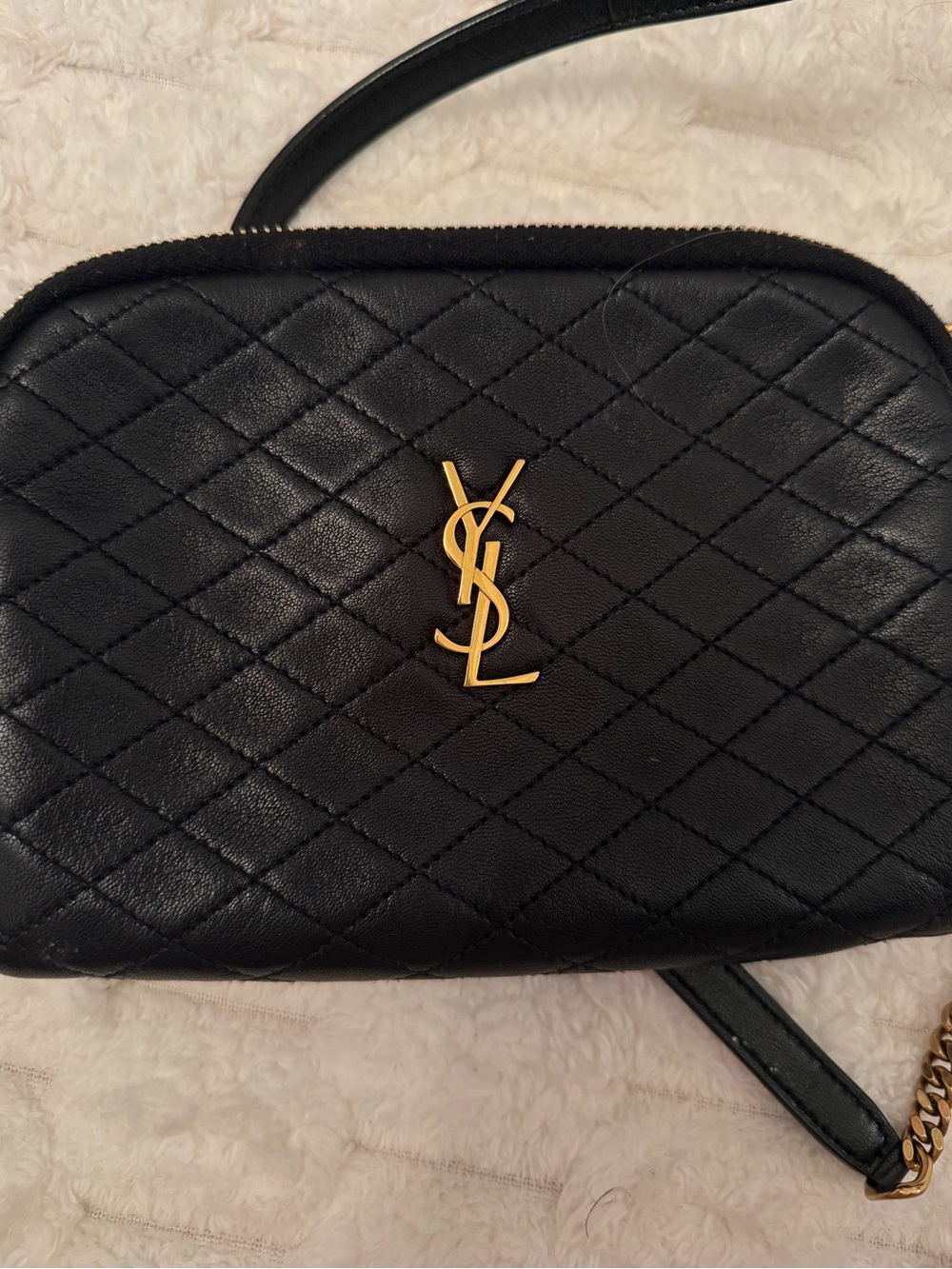 Saint Laurent Black Quilted Leather Crossbody with Gold YSL Emblem